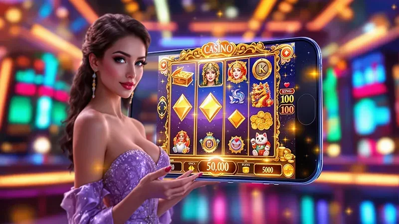 Reel slot digital dengan ikon bonus dan latar permainan cerah